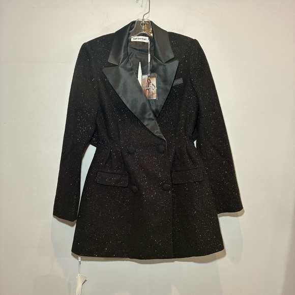 Self Portrait NWT Double Breasted V Neck Black Metallic Woven Blazer Dress Us 6 - Picture 3 of 8